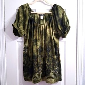 Green Goddess Forest Gypsy Boho Beaded Blouse Tunic On Off Shoulder Flowy Fairy